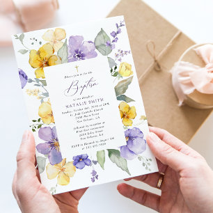 Lila Blumen, gelbe Blumen, Boho, Taufe Einladung