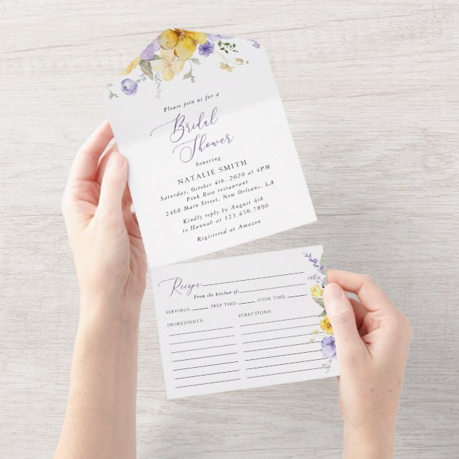 Lila Blumen, gelbe Blumen, Brautparty All In One Einladung (Abreißen)