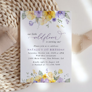Lila Blumen, gelbe Blumen, erster Geburtstag Einladung