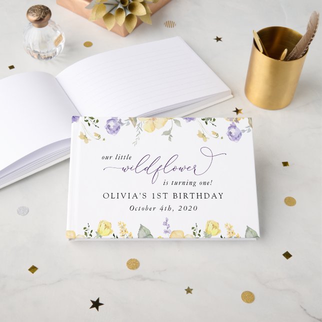 Lila Blumen, gelbe Blumen, erster Geburtstag Gästebuch (Vorderseite Offen)