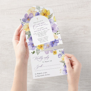Lila Blumen, gelbe Blumen, Erstkommunion All In One Einladung