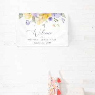 Lila Blumen, gelbe Blumen, GeburtstagsWillkommen Banner