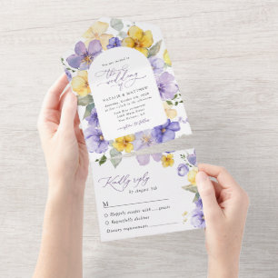 Lila Blumen, gelbe Blumen, Grün, Hochzeit All In One Einladung