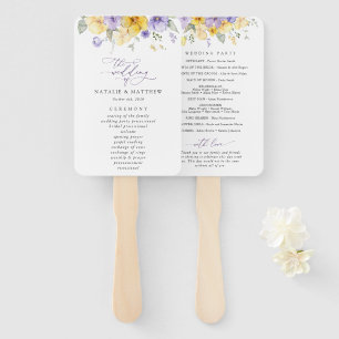 Lila Blumen, gelbe Blumen, Hochzeitsprogramm Fächer