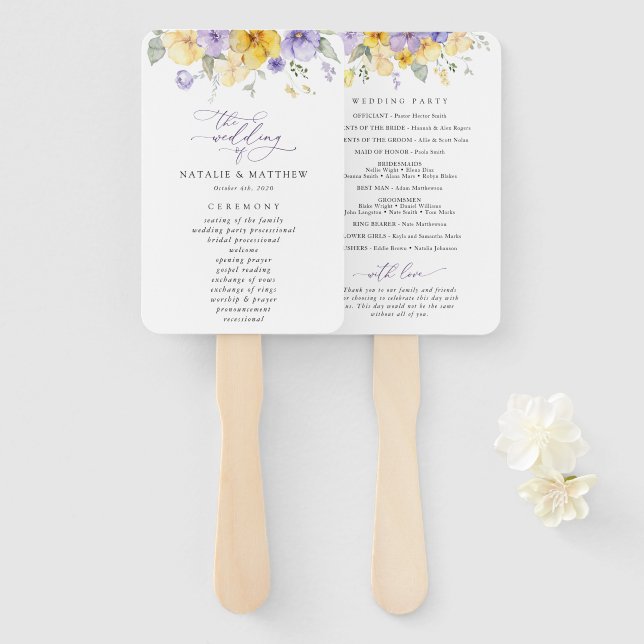 Lila Blumen, gelbe Blumen, Hochzeitsprogramm Fächer (Vorne und Hinten)