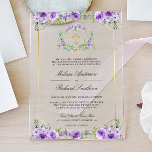 Lila Blumen Gold Katholisches Kreuz Hochzeit Acryleinladungen