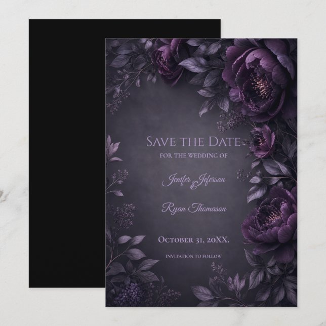 Lila Blumen Gothic Save the Date Einladung (Vorne/Hinten)