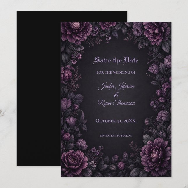 Lila Blumen Gothic Save the Date Einladung (Vorne/Hinten)