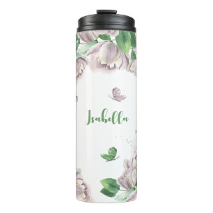 lila Blumen Grün Schmetterlinge Thermosbecher