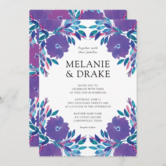 Lila Blumen Handgemalt Hochzeit Einladung (Vorne/Hinten)