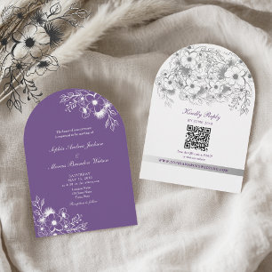 Lila Blumen Hochzeit QR Code Einladung