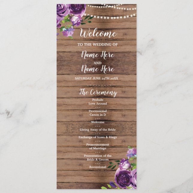 Lila Blumen Hochzeitsprogramm Holz Rustikal Floral Programm (Vorderseite)
