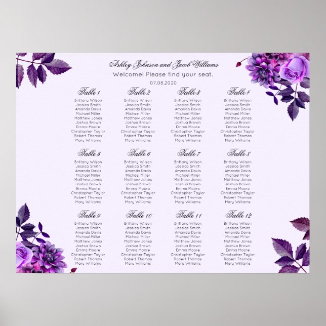 Lila Blumen Hochzeitssitzkarte. Lilac floral Poster (Vorne)