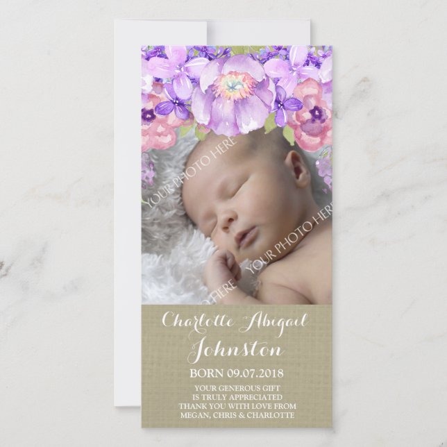 Lila Blumen Leinwand-Browns danken Ihnen zu Dankeskarte (Vorderseite)