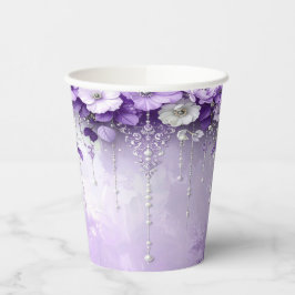 Lila Blumen mit baumelnden Perlen-Papierbechern Pappbecher