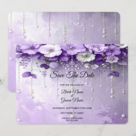 Lila Blumen mit baumelnden Perlen Save The Date