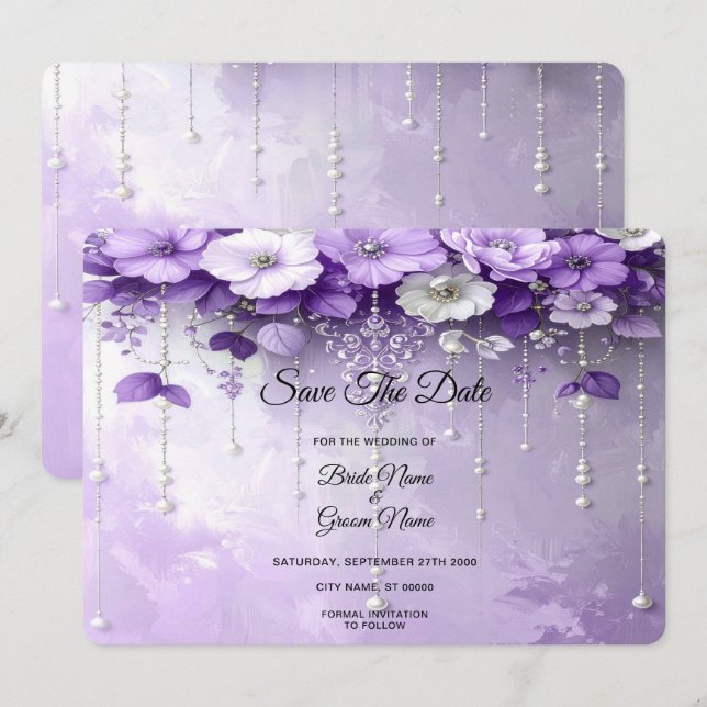 Lila Blumen mit baumelnden Perlen Save The Date (Vorne/Hinten)