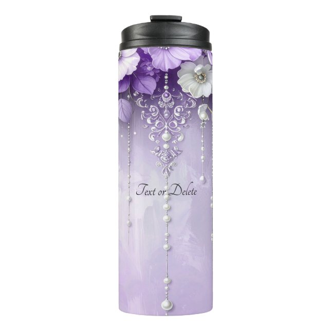 Lila Blumen mit baumelnden Perlen Thermosbecher (Vorderseite)