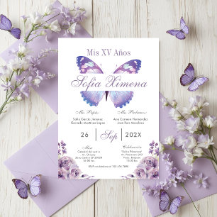 Lila Blumen mit Schmetterlingen Quinceañera Einladung