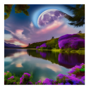 Lila Blumen Moon und Seeblick Poster