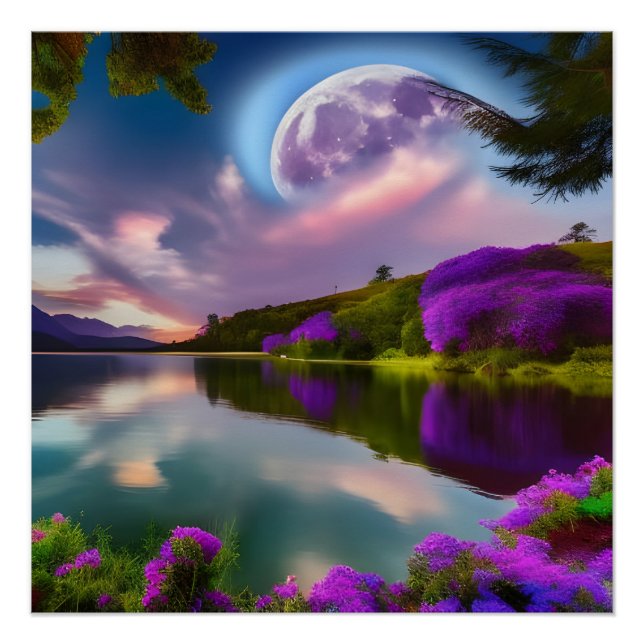 Lila Blumen Moon und Seeblick Poster (Vorderseite)