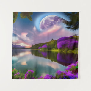 Lila Blumen Moon und Seeblick Wandteppich