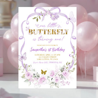 Lila Blumen-Schmetterling Coquette 1. Geburtstag Einladung