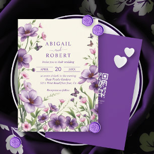 Lila Blumen, Schmetterlinge, UAWG QR Code Hochzeit Einladung