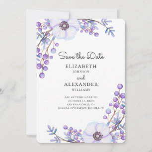 Lila Blumen sichern das Datum. Botanische Hochzeit Einladung