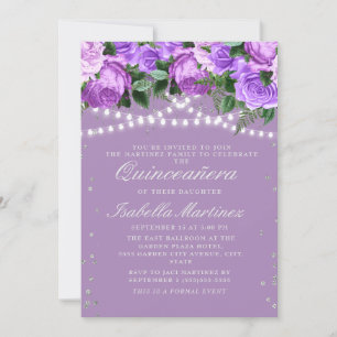 Lila Blumen Silber Glitter Quinceañera Einladung