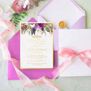 Lila Blumen Sparkling Amethyst Quinceanera Folieneinladung