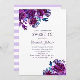 Lila Blumen Sweet 16. Violett Blumengeburtstag Einladung