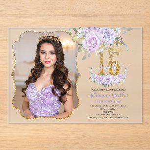 Lila Blumen Sweet Sixteen 16. Geburtstag Foto Acryleinladungen
