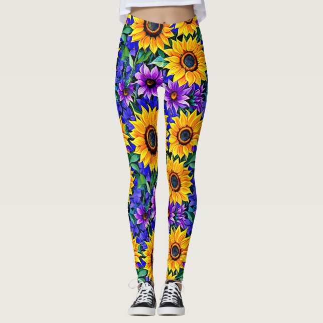 Lila Blumen und gelbe Sonnenblumen Leggings (Vorderseite)