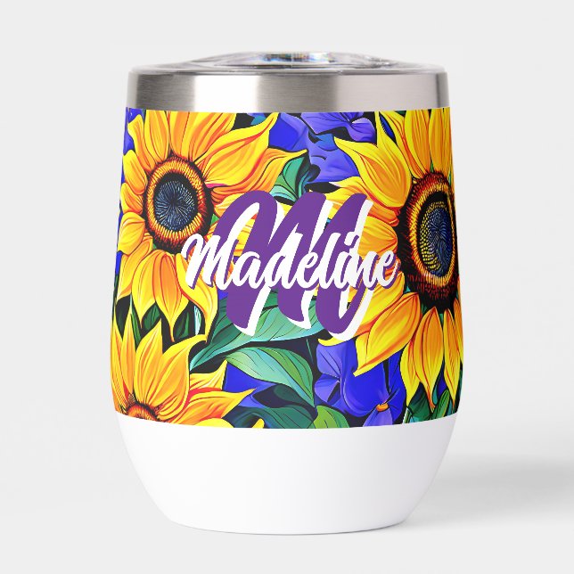 Lila Blumen und gelbe Sonnenblumen Personalisiert (Vorderseite)