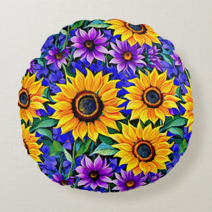 Lila Blumen und gelbe Sonnenblumen Rundes Kissen