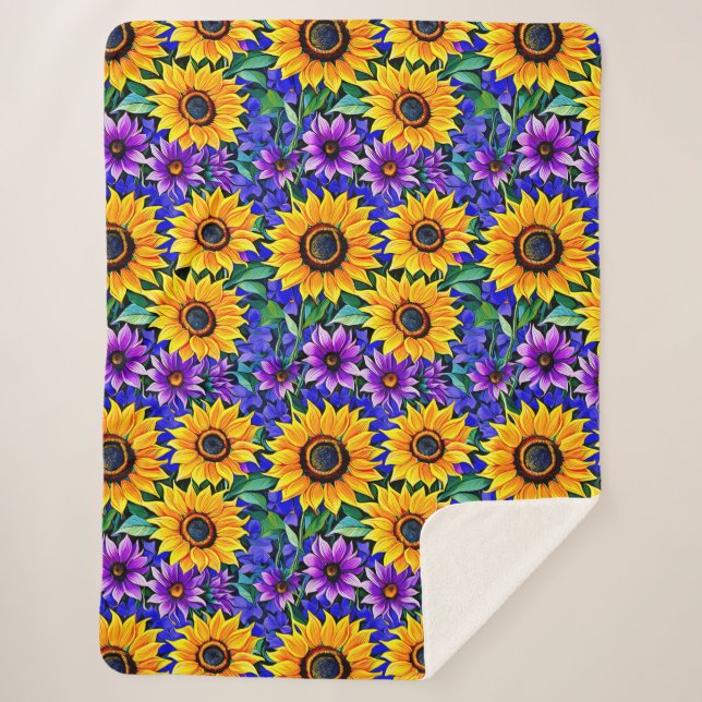 Lila Blumen und gelbe Sonnenblumen Sherpadecke (Vorderseite)