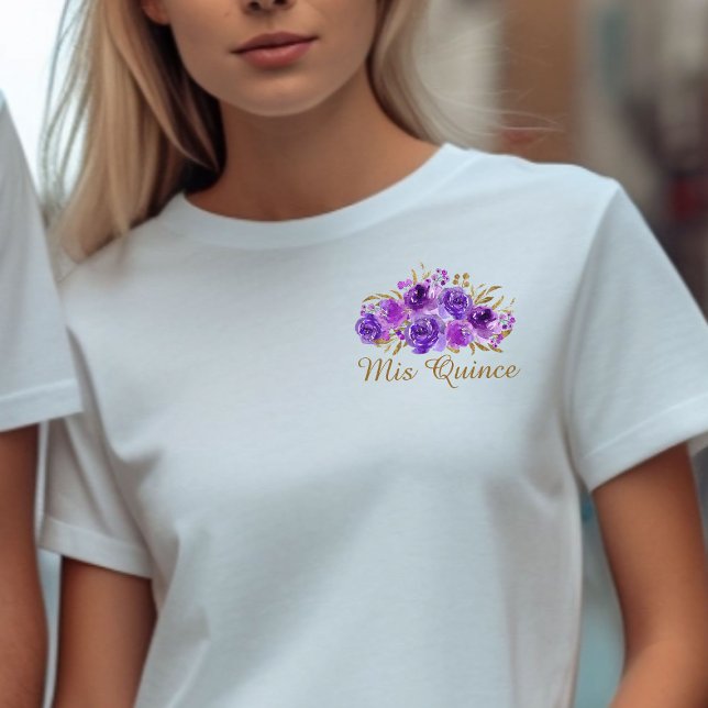 Lila Blumen und Gold Leaf Mis Quince T-Shirt (Mis Quince Purple floral t-shirt from my Rose and Gold Leaf quinceanera collection)