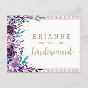 Lila Blumen und Gold werden Sie meine Brautjungfra Einladung