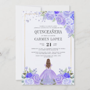Lila Blumen und Silberprinzessin Tiara Quinceañera Einladung
