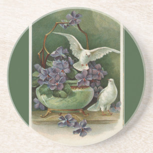 Lila Blumen und Tauben Grüner Sandstein Getränkeuntersetzer