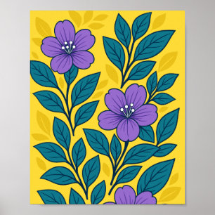 Lila Blumen und Türkisblätter auf gelbem Hintergru Poster