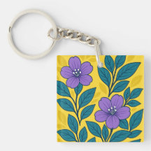Lila Blumen und Türkisblätter auf gelbem Hintergru