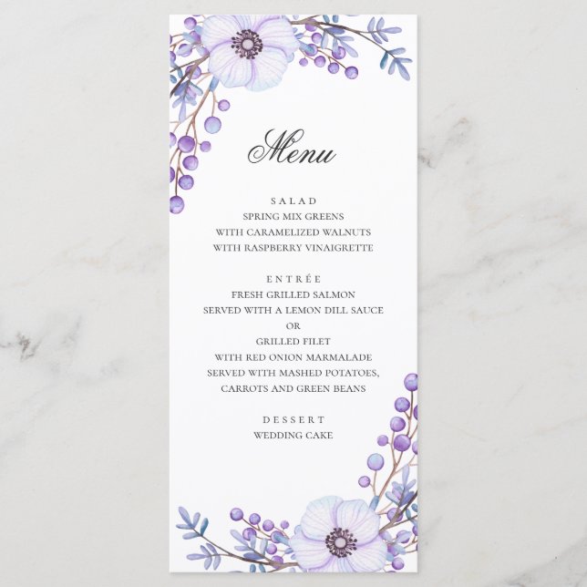 Lila Blumen. Violett-Hochzeitsessen Menükarte (Vorderseite)