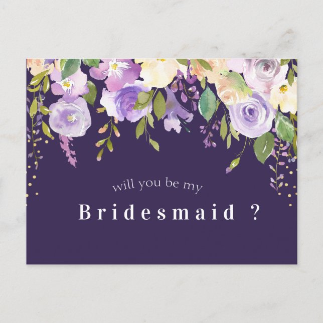 lila Blumen werden Sie meine Bridesmaid-Karte sein Einladungspostkarte (Vorderseite)
