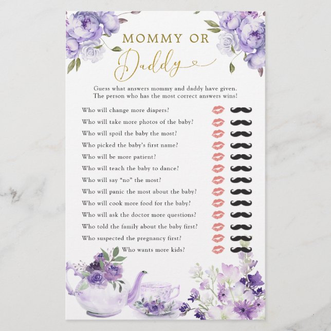 Lila Blumenbaby-Dusche Tee Party Mommy oder Daddy (Vorderseite)
