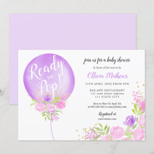 Lila Blumenballon bereit zum Pop Babydusche Einladung