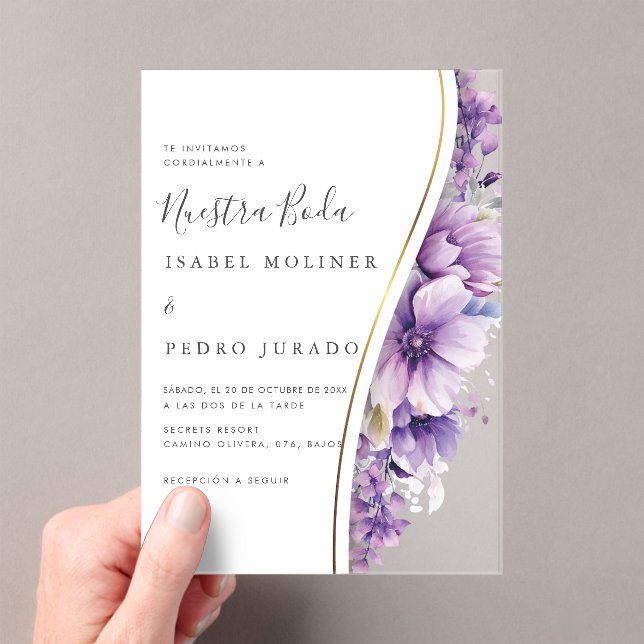Lila Blumenblätterung Nuestra Boda Spanische Hochz Acryleinladungen (Insitu (Handheld))