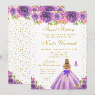 Lila Blumenblonde Haarprinzessin Sweet Sixteen Einladung