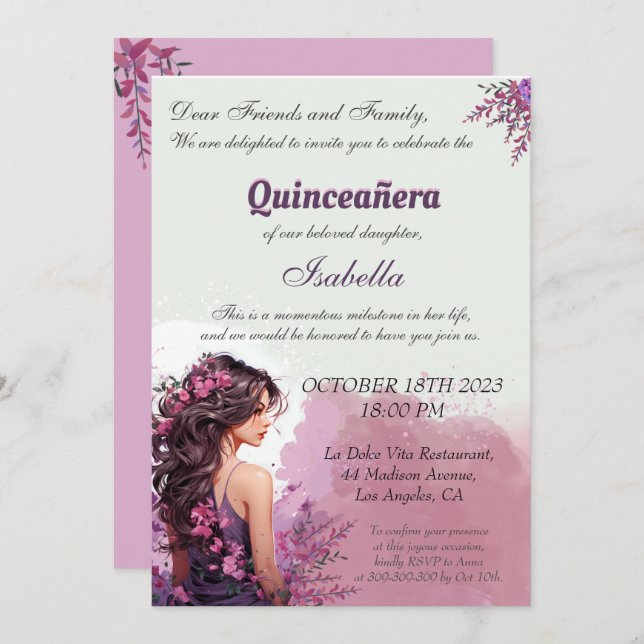 Lila Blumenchic Quinceanera Einladung (Vorne/Hinten)